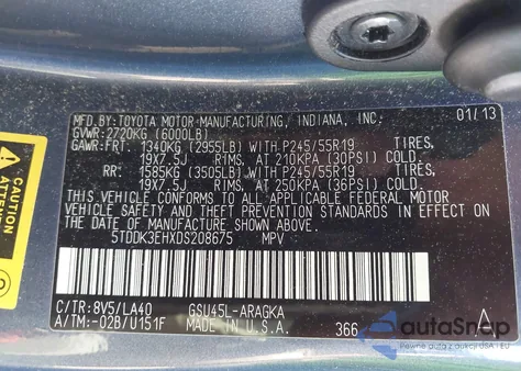 2013 Toyota Highlander Limited V6 from USA, damaged, VIN 5TDDK3EHXDS208675